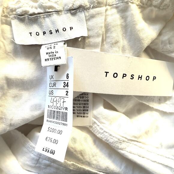 Topshop Overalls NEW w Tags Sz 2 Wide Legs Eyelet Apron Tie Waist Ruffle White - Picture 9 of 12